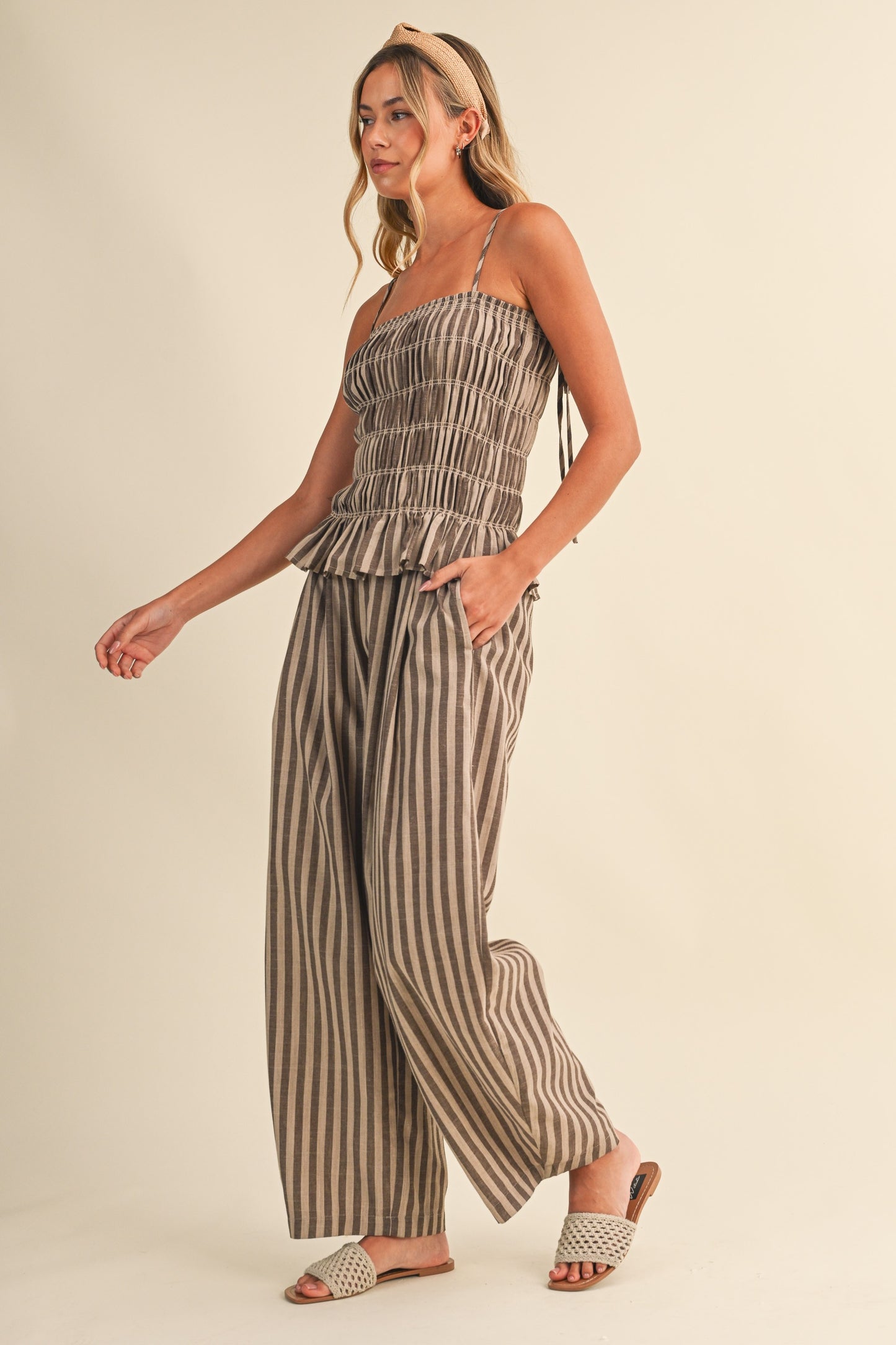 2538 Brown Striped Jumpsuit