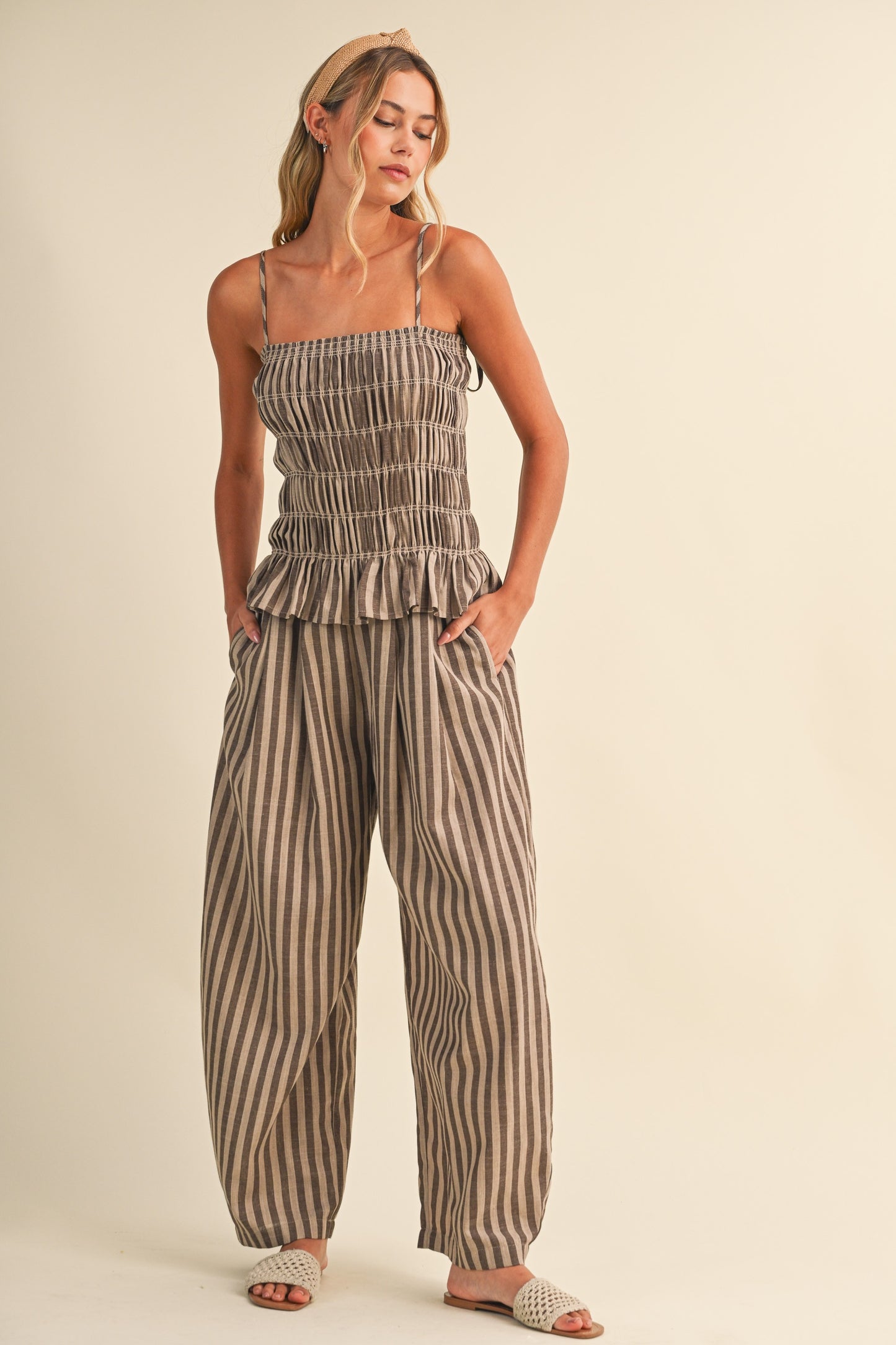 2538 Brown Striped Jumpsuit