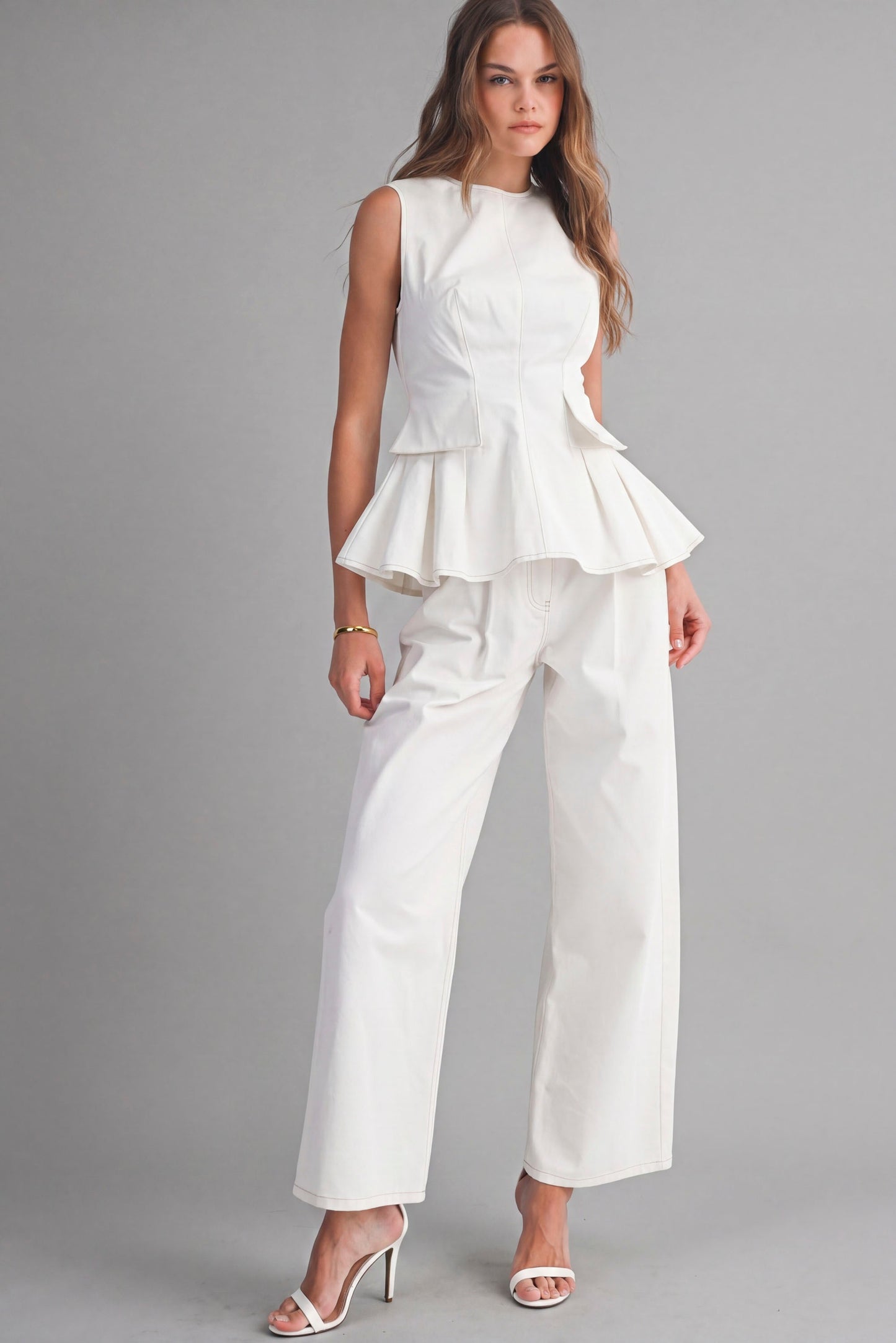 2356 Off White Peplum Top & Pant Set