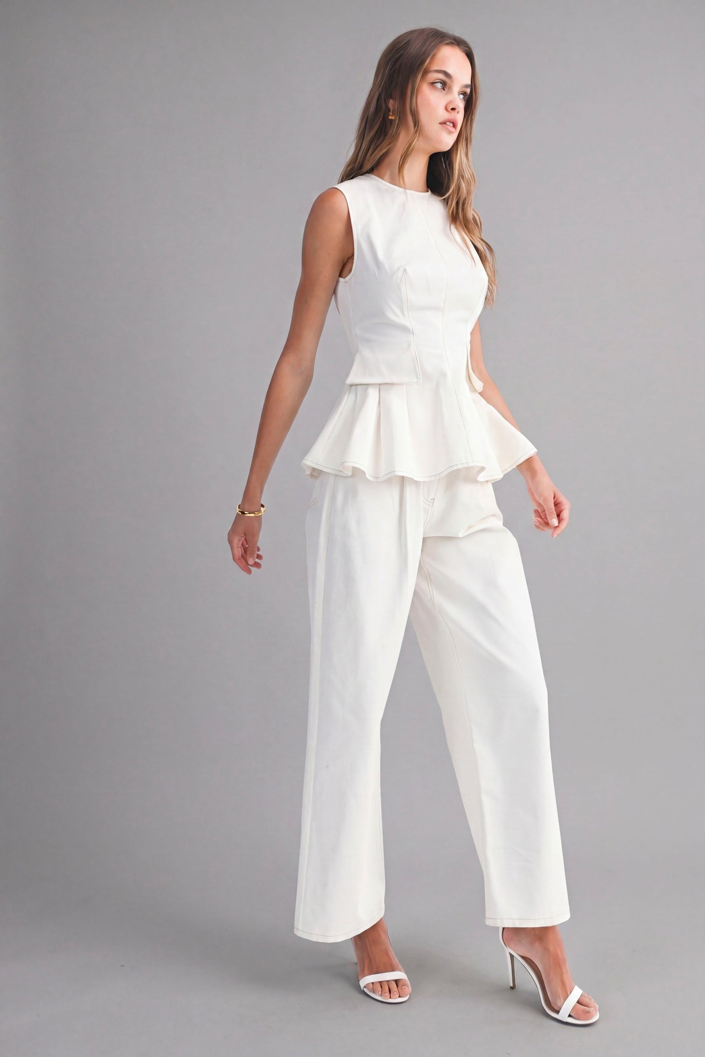 2356 Off White Peplum Top & Pant Set
