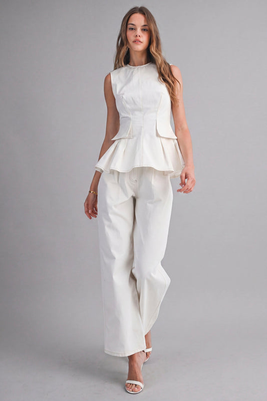 2356 Off White Peplum Top & Pant Set
