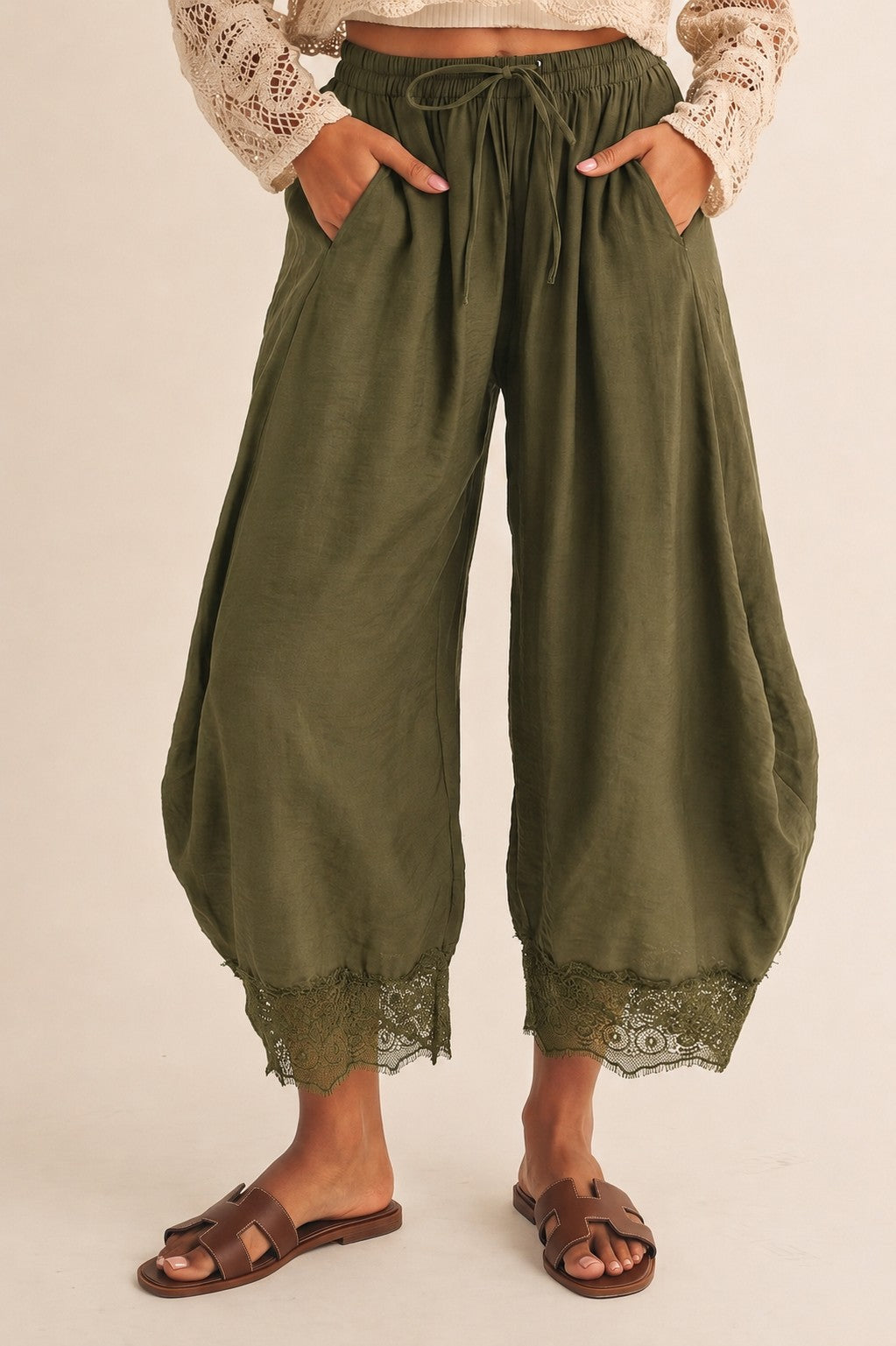 2647 Olive Lace Trim Barrel Pant