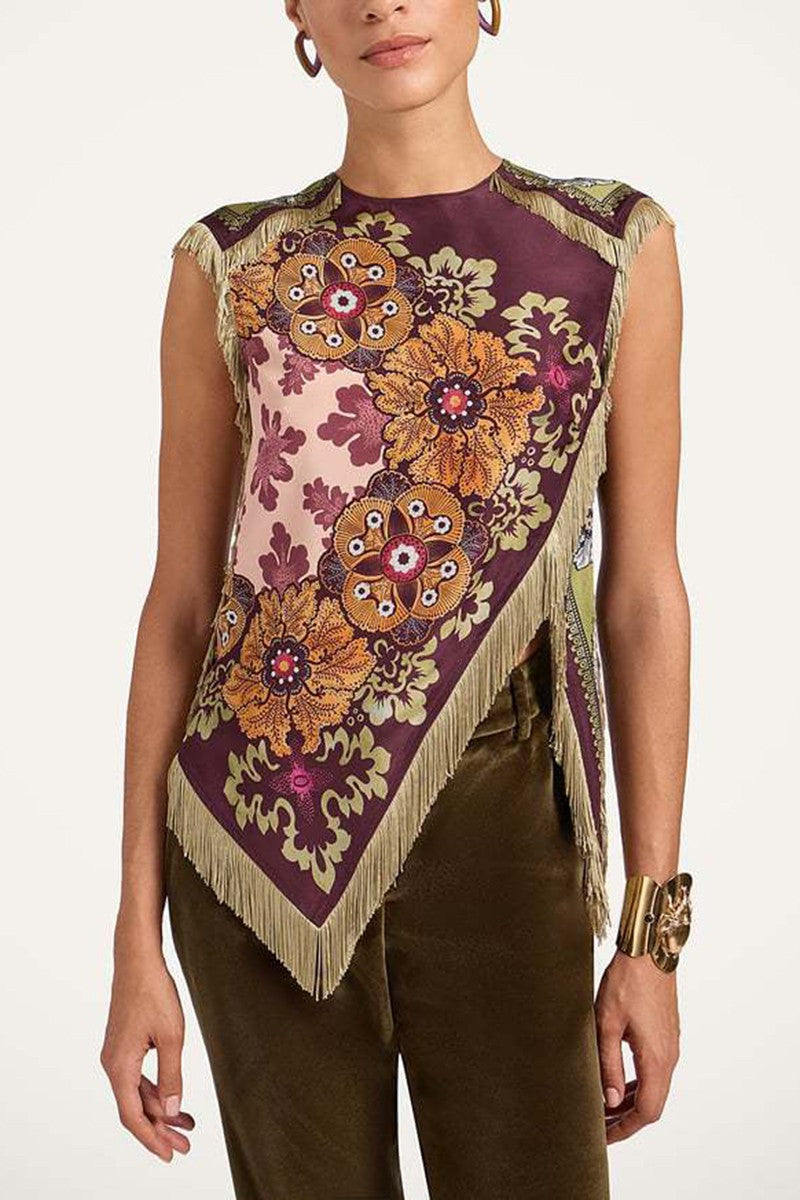 2690 Fringes Asymetric Printed Top