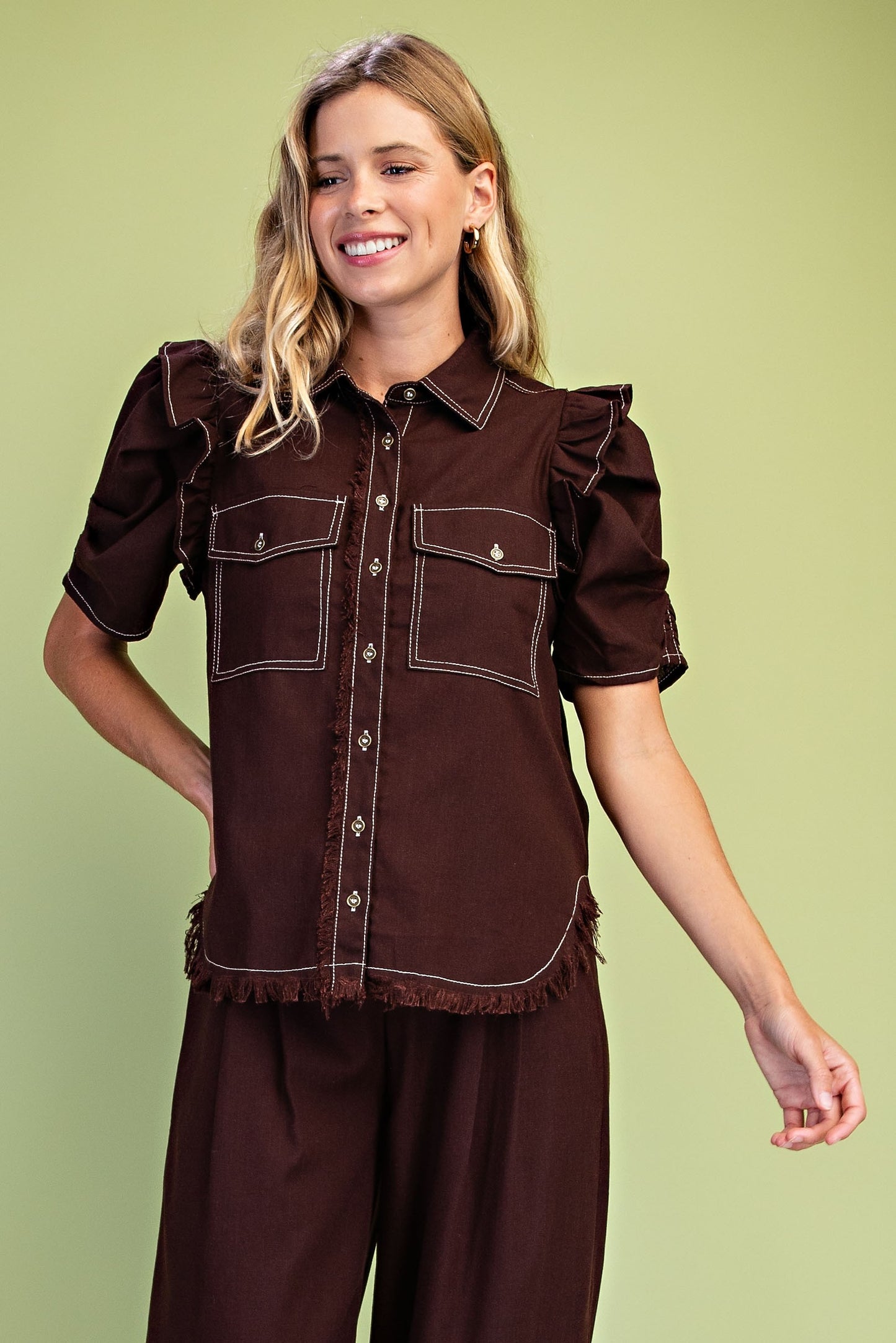 2609 Ruffled Sleeve Button Down Shirt
