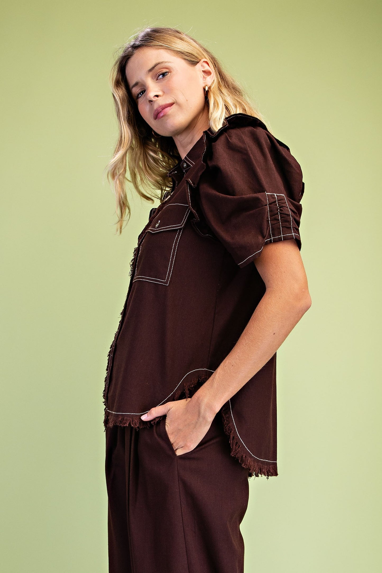 2609 Ruffled Sleeve Button Down Shirt