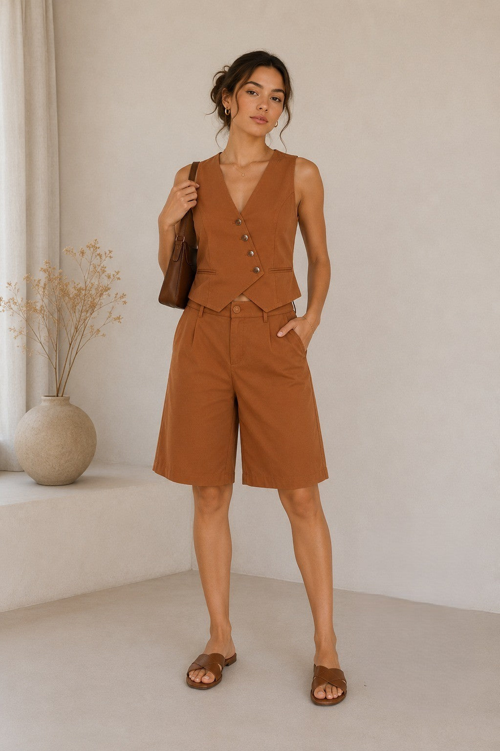 2596 Brown Vest & Bermuda Set