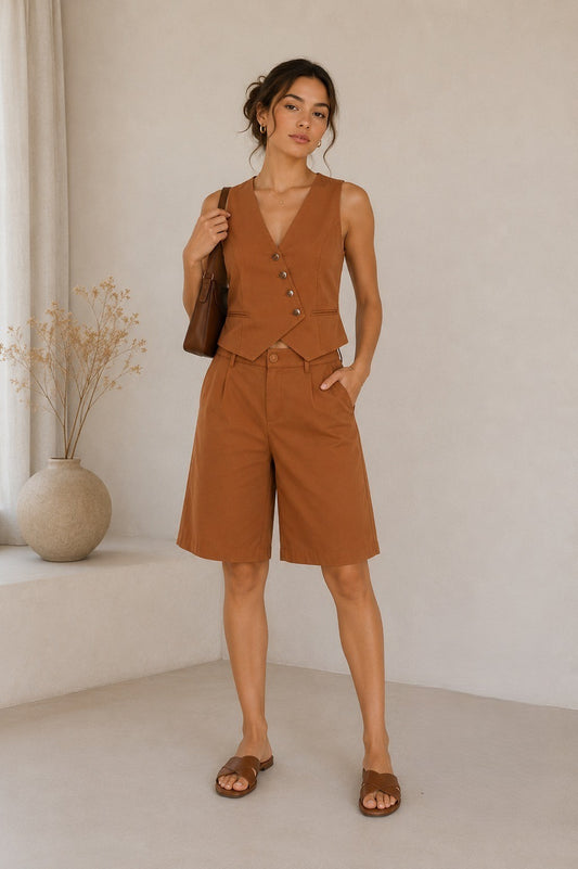 2596 Brown Vest & Bermuda Set