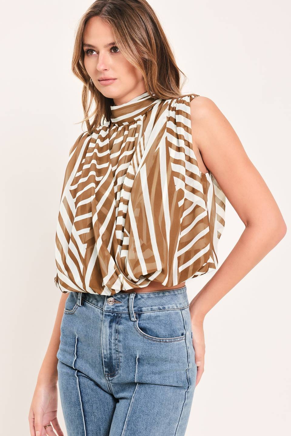 2676 Brown Asymmetrical Print Top