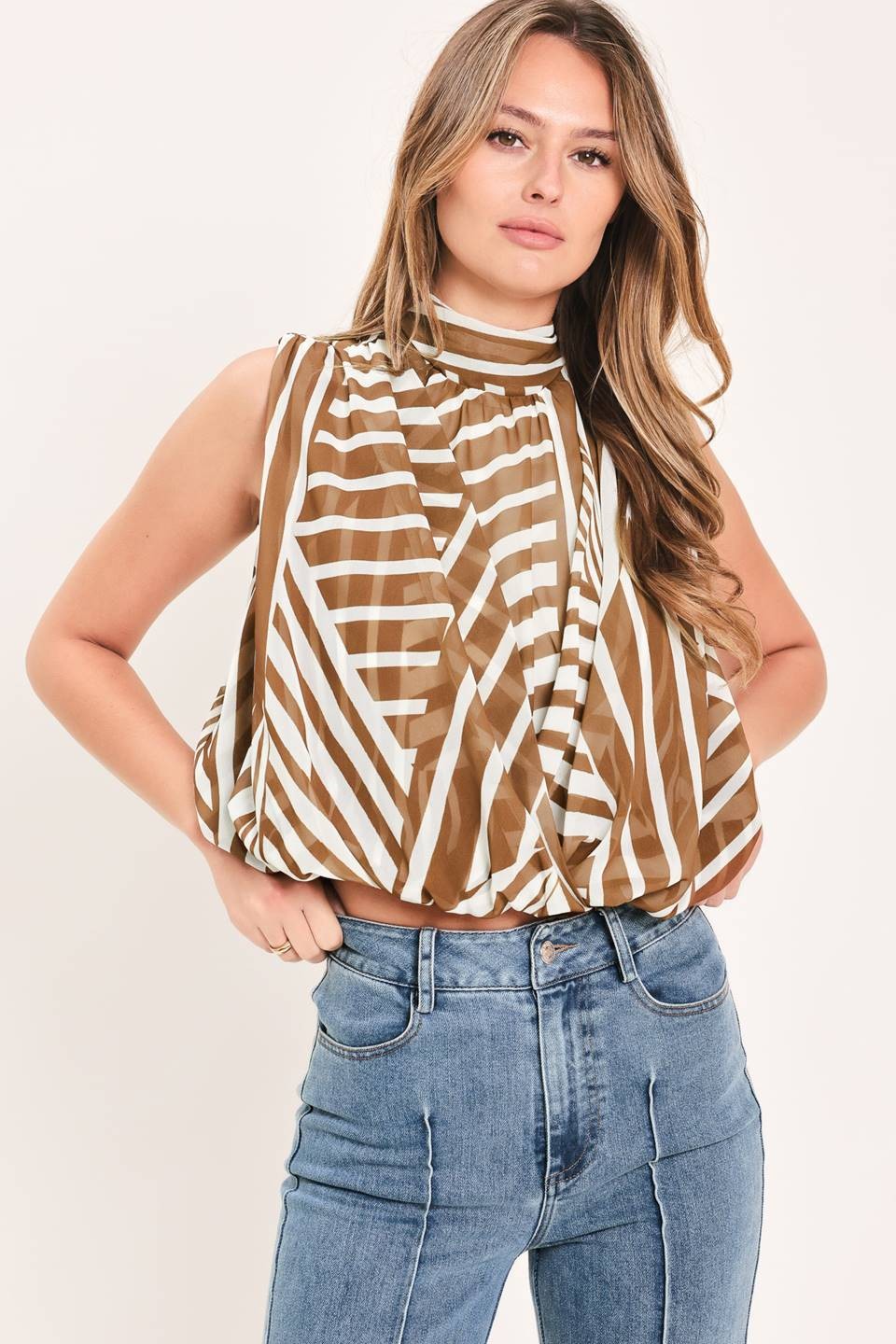 2676 Brown Asymmetrical Print Top