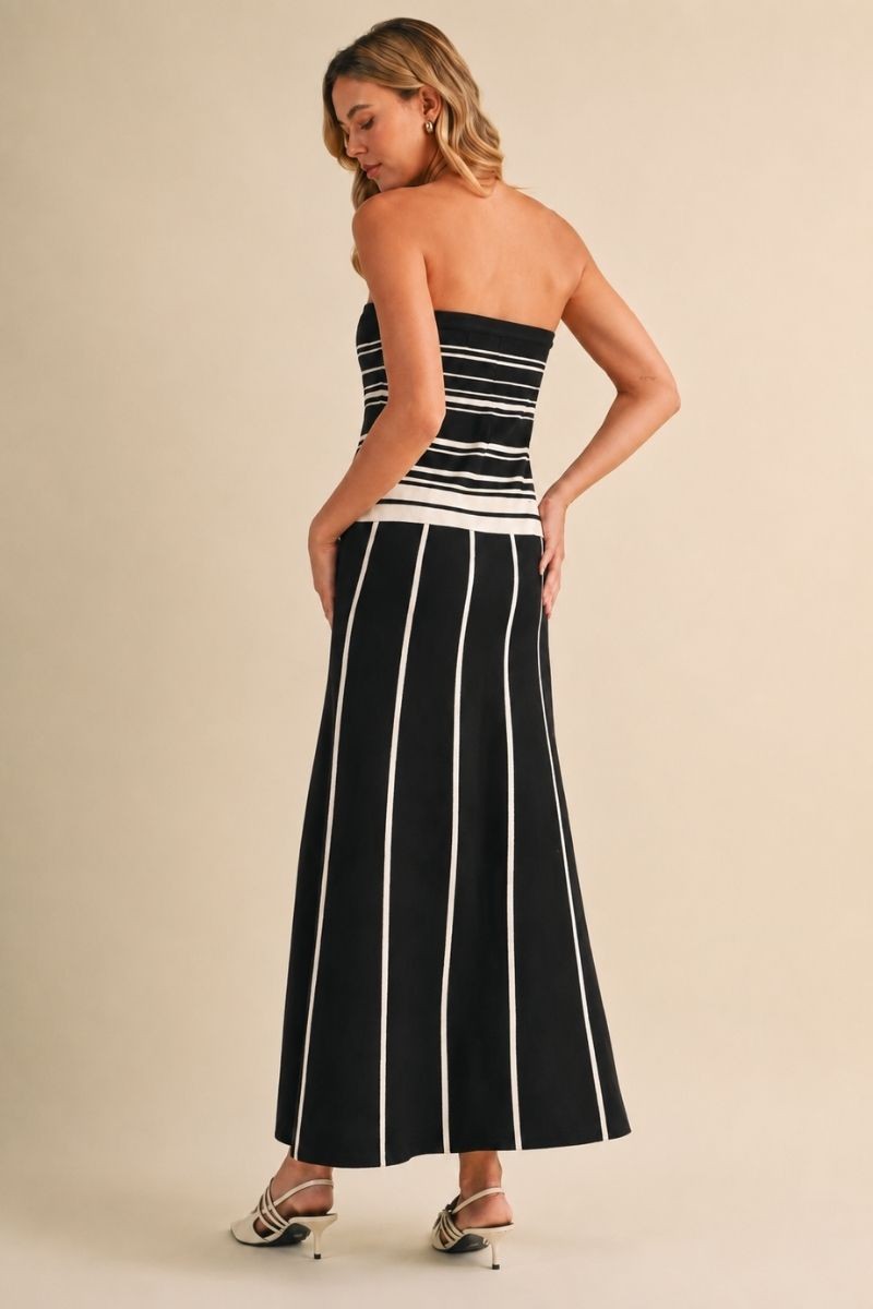 2722 Strapless Striped Black Dress