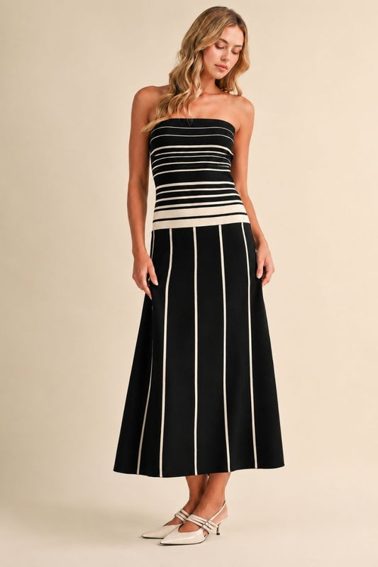 2722 Strapless Striped Black Dress