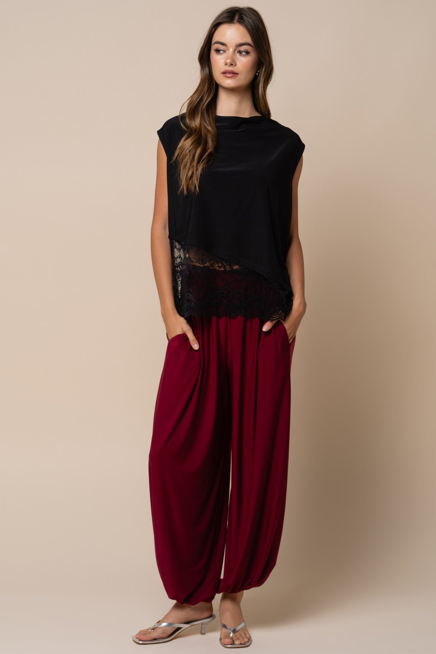 2610 Sleeveless Asymetric Lace Top