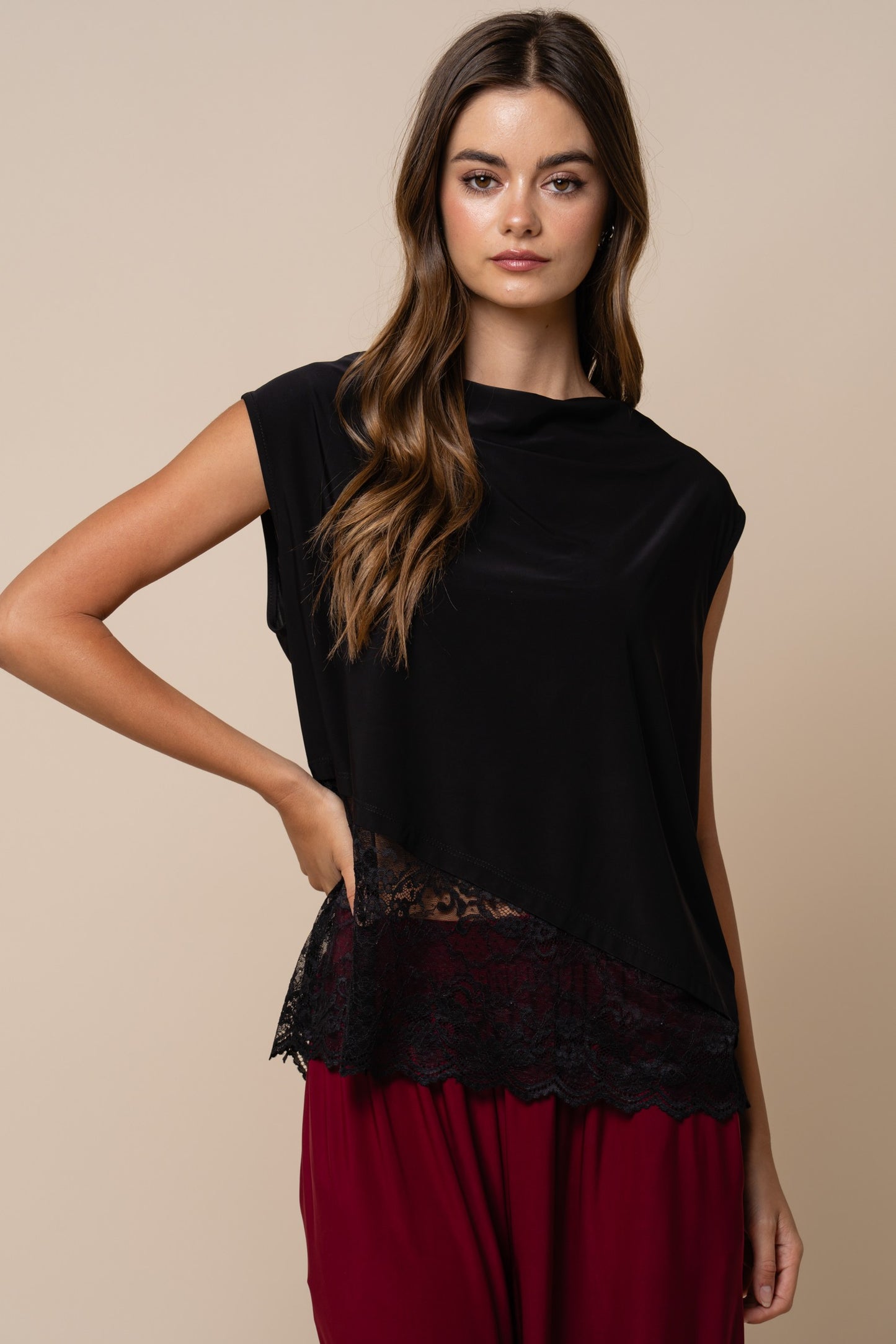 2610 Sleeveless Asymetric Lace Top