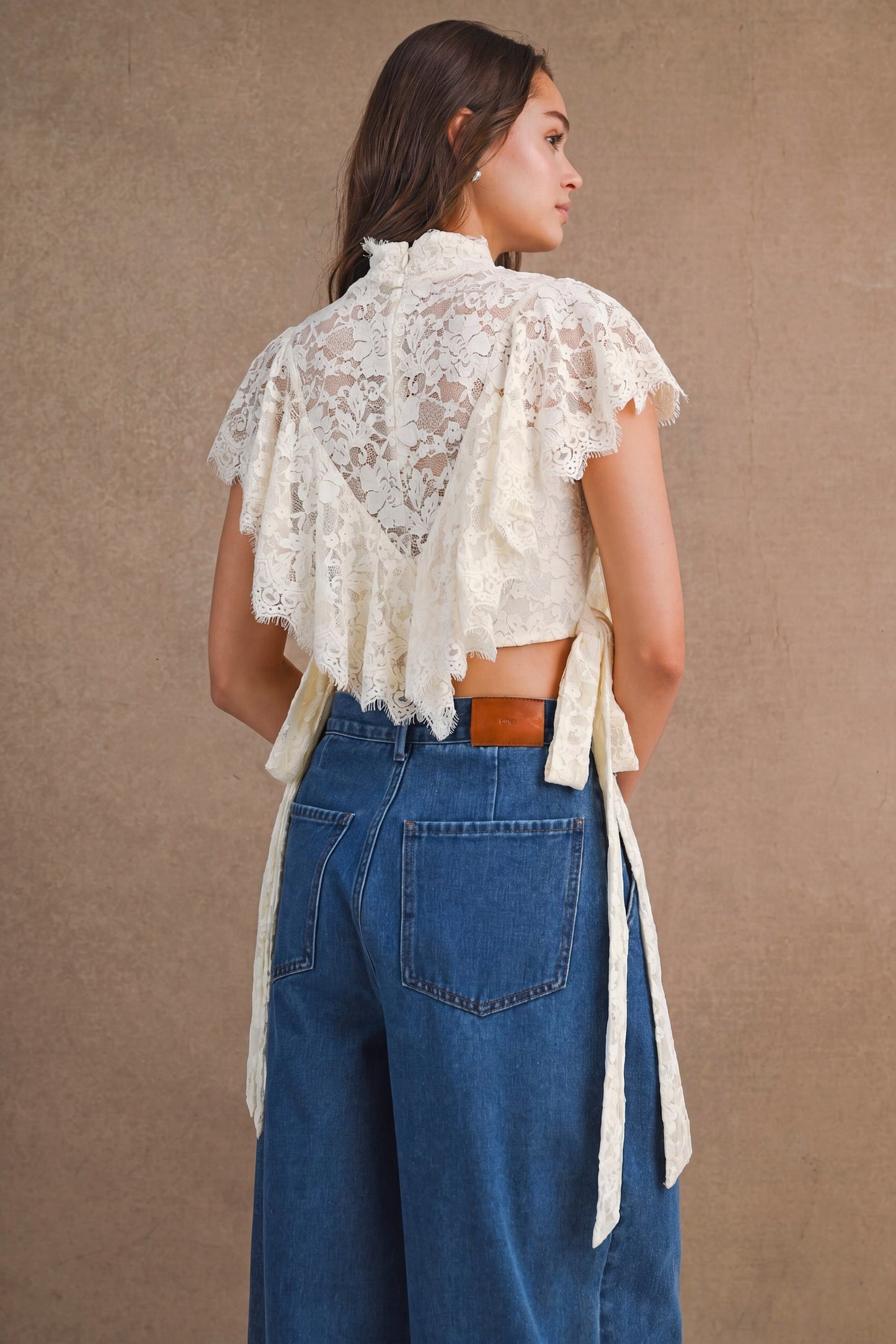 2632 Cream Lace Ruffle Top