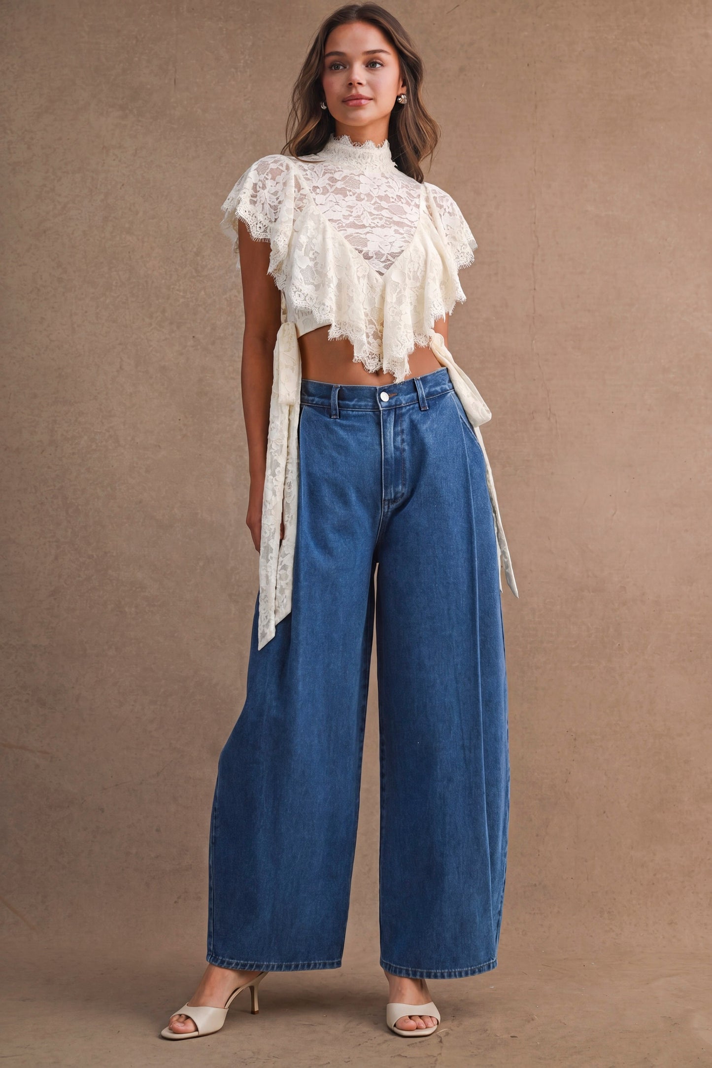 2632 Cream Lace Ruffle Top