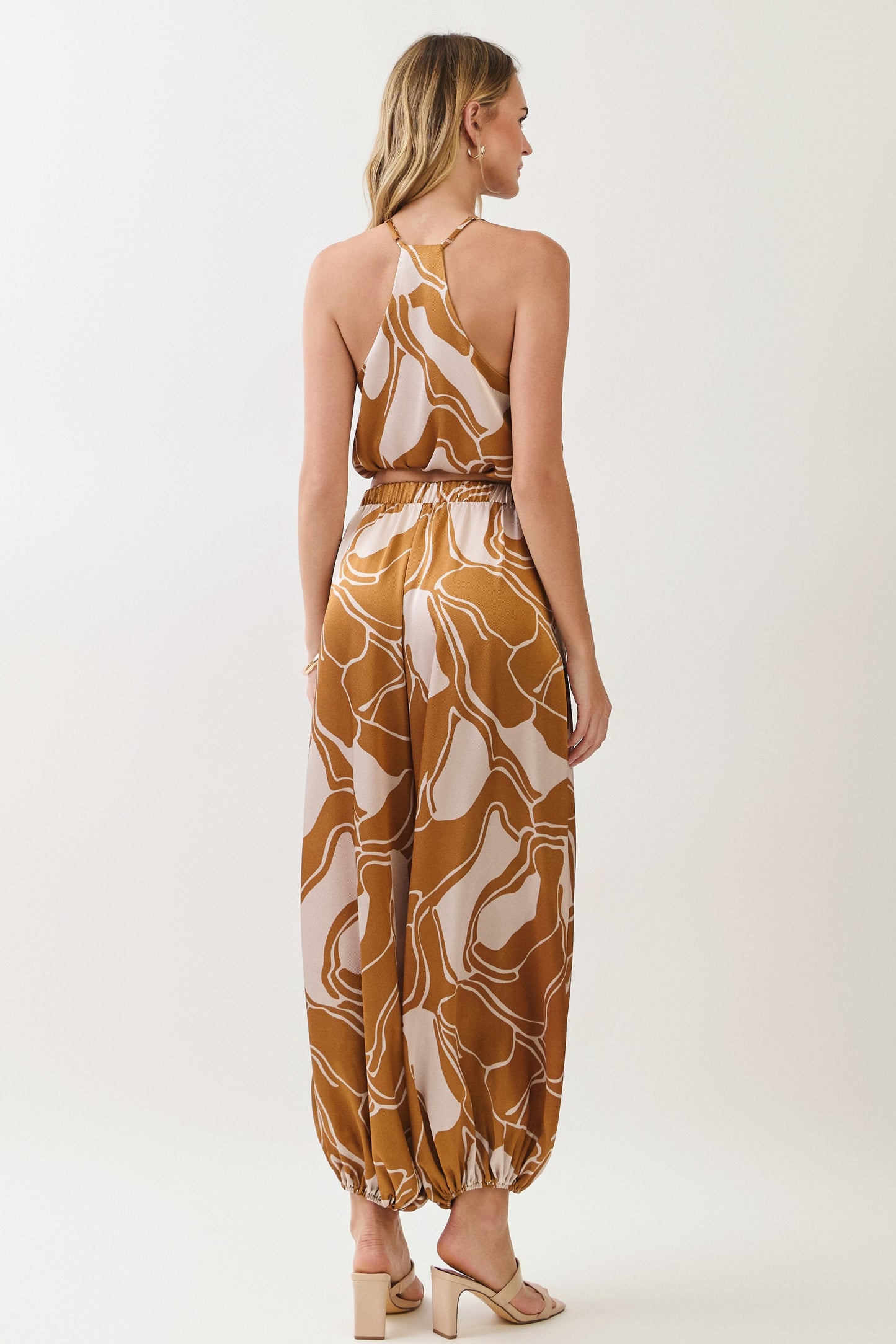 2585 Latte Printed Halter Top & Ballon Pant Set