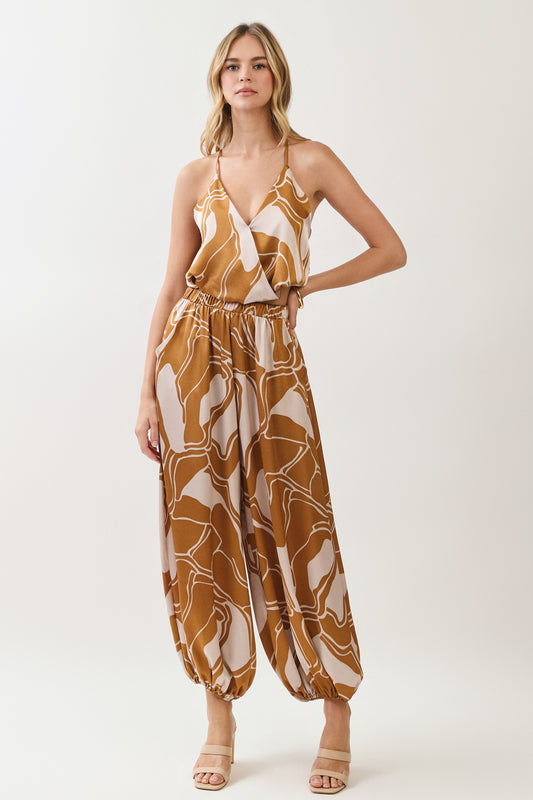 2585 Latte Printed Halter Top & Ballon Pant Set