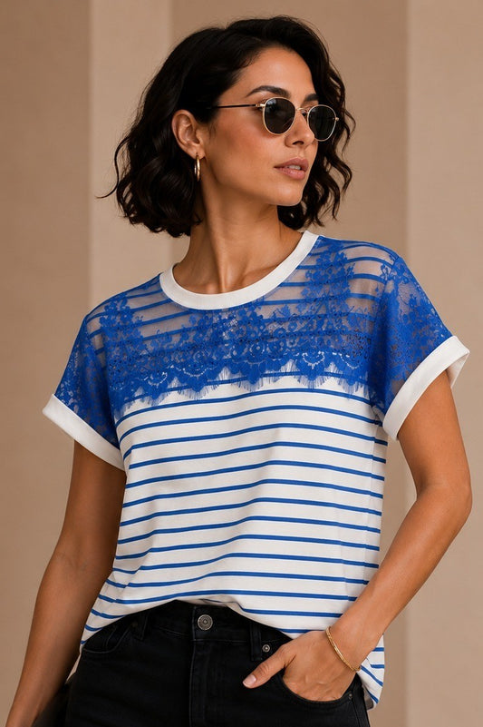 2594 Blue striped Lace Top