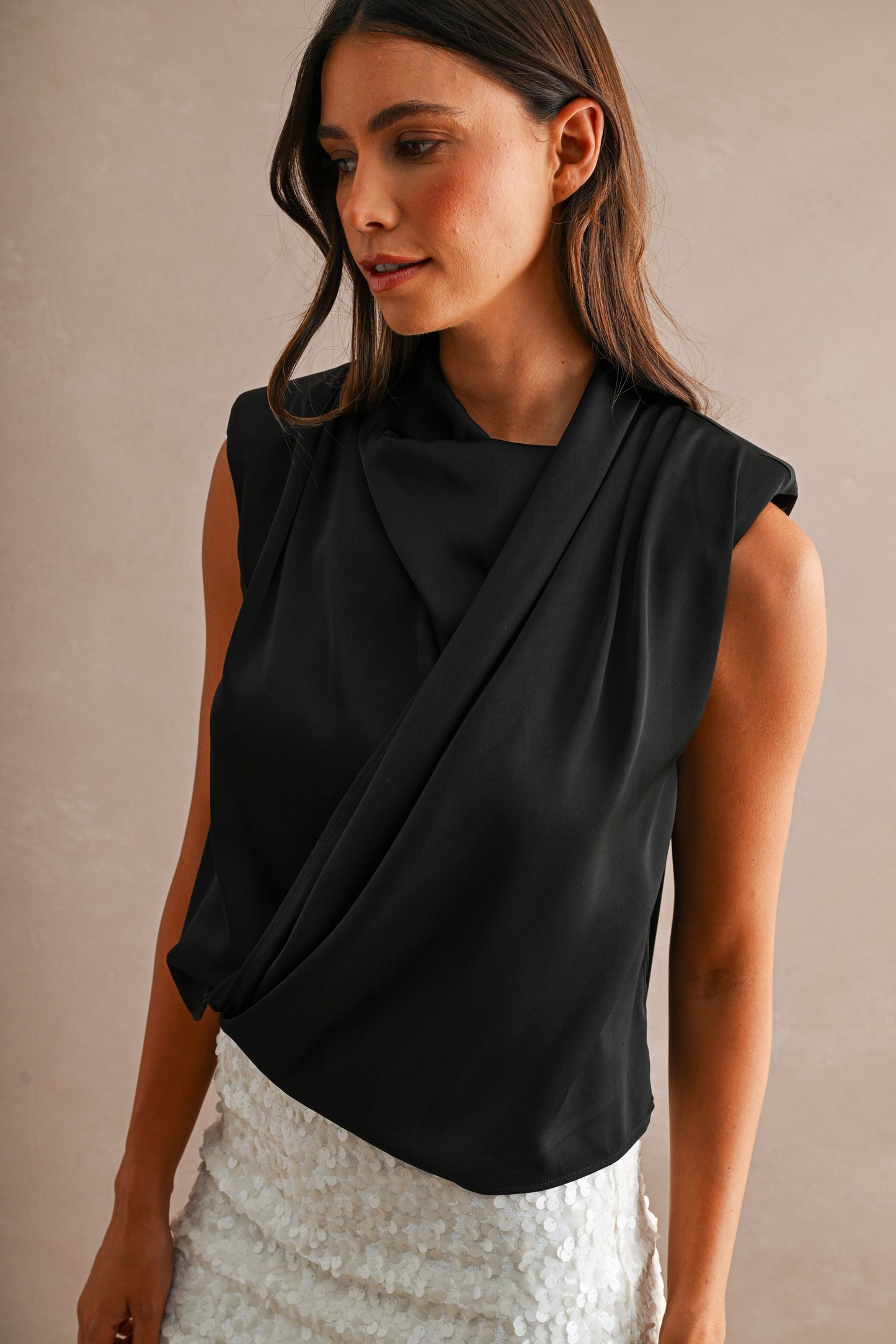 2631 Black Satin High Neck Top
