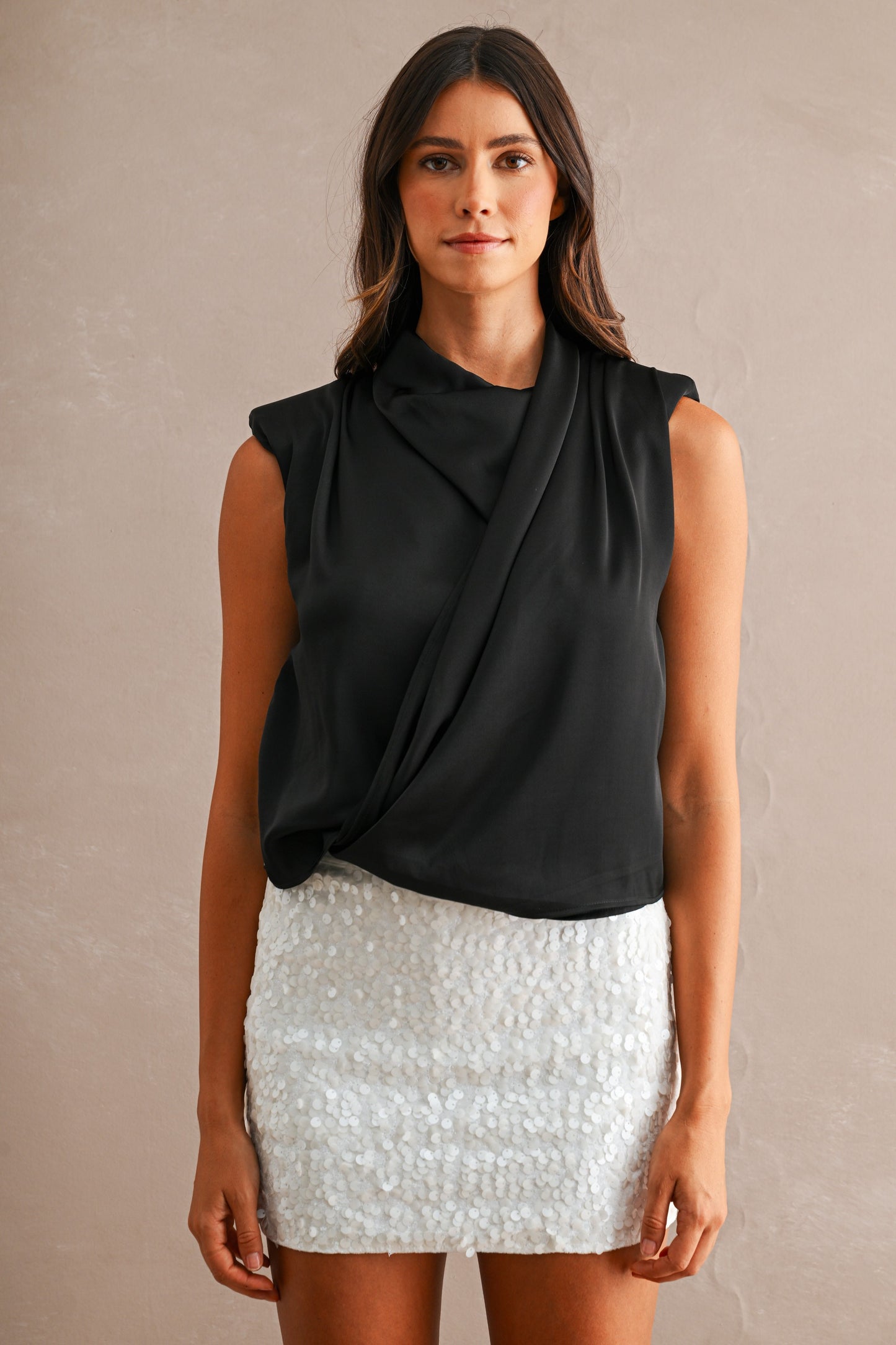 2631 Black Satin High Neck Top