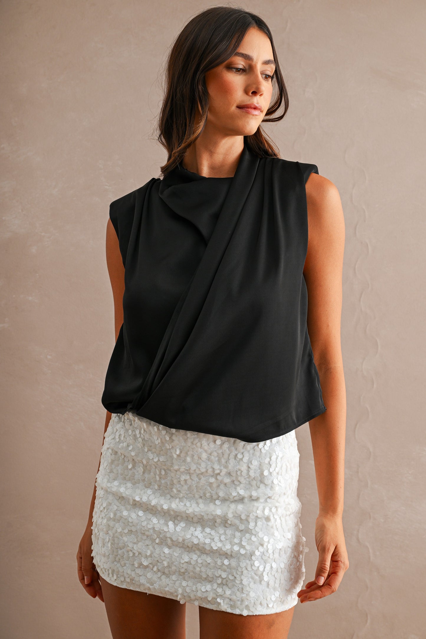 2631 Black Satin High Neck Top