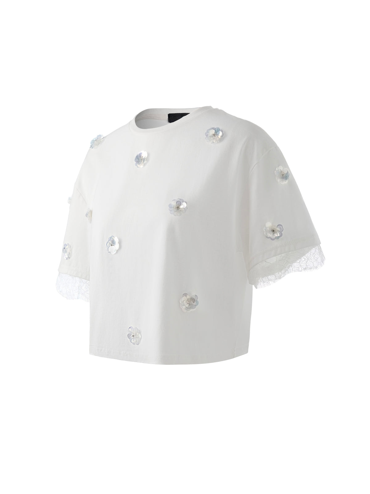 2572 Crop White T-Shirt With Silver Sequins