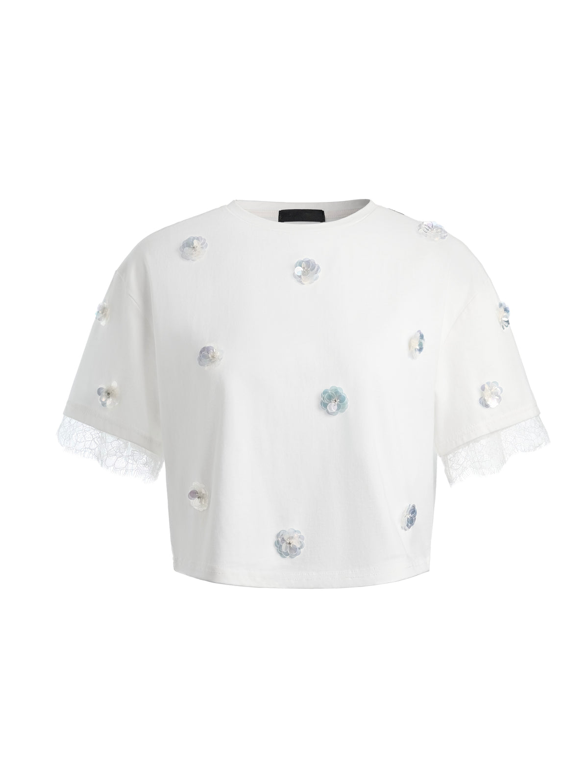 2572 Crop White T-Shirt With Silver Sequins