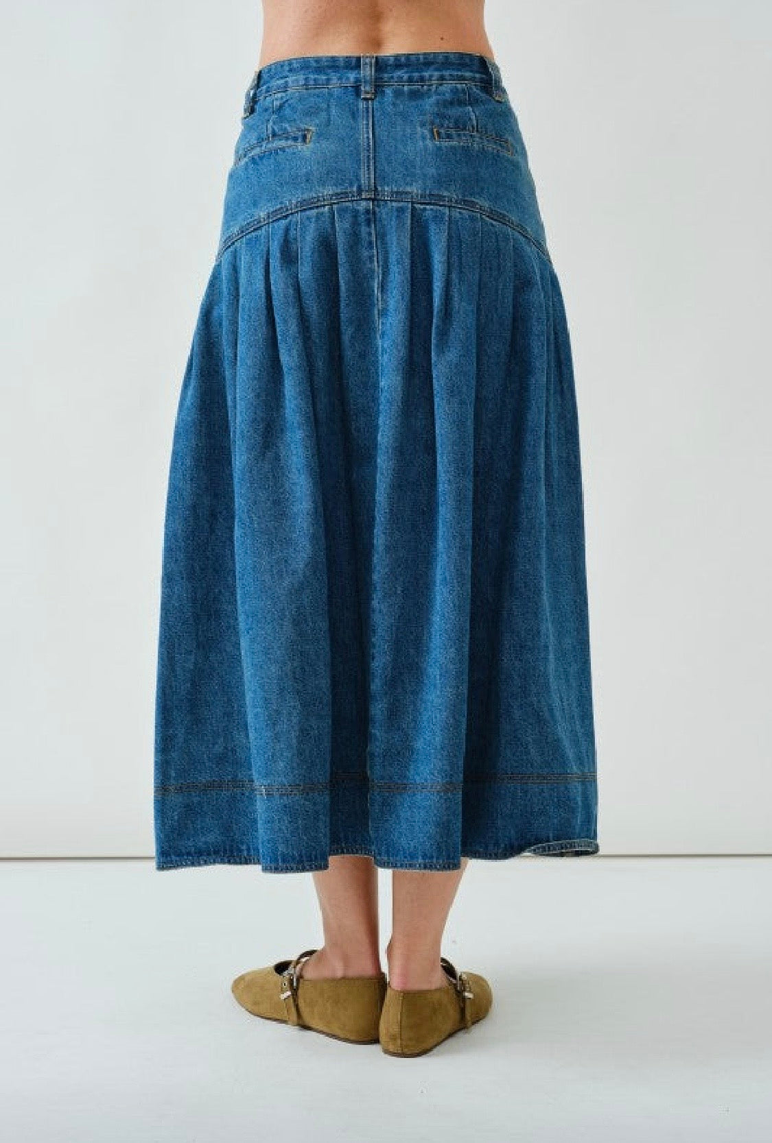 1936 Pleated Denim Midi Skirt