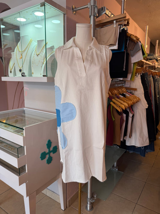 1488 Blue Flower White Dress
