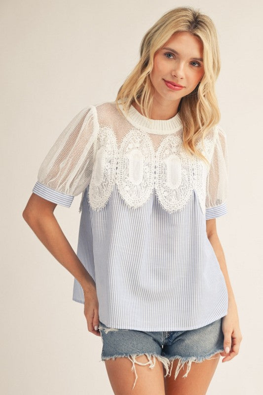 2139 Crochet Accent Blue Striped Blouse