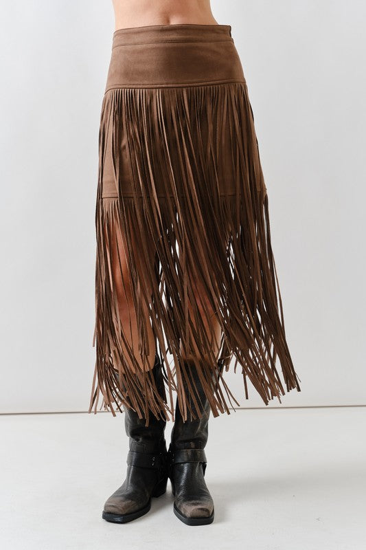 1849 Suede Fringe Midi Skirt