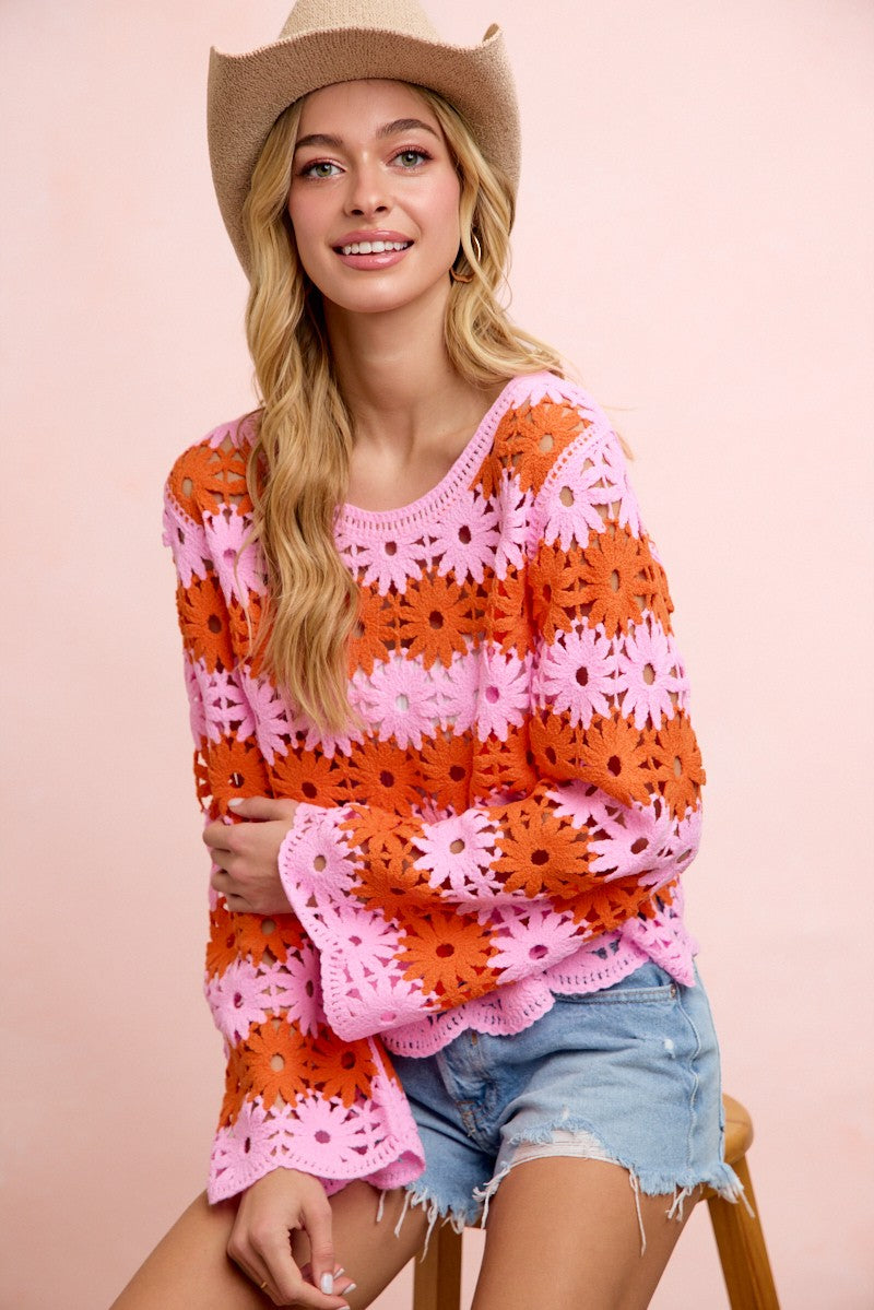 2455 Pink & Red Floral Crochet Top