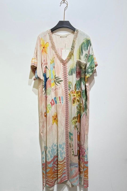 2464 Sequins Parrot Onesize Italian V-Neck Maxi Dress