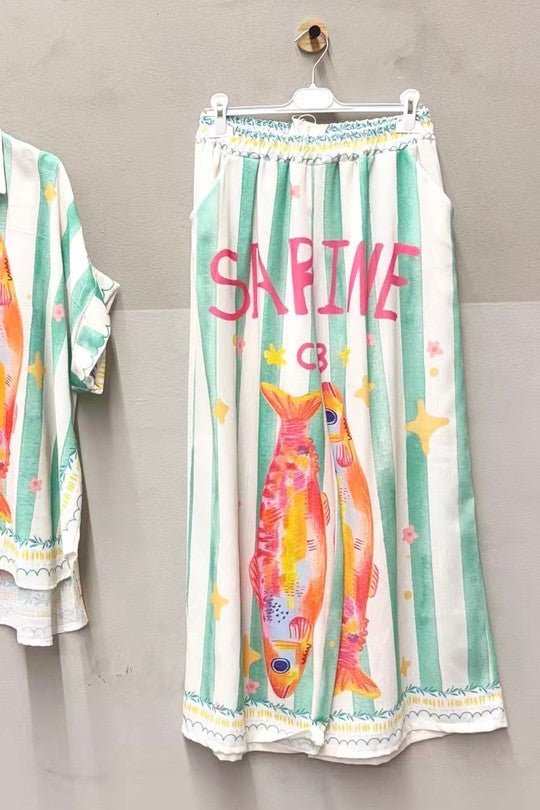 2474 Sardines Striped Green Onesize Italian Pant Set