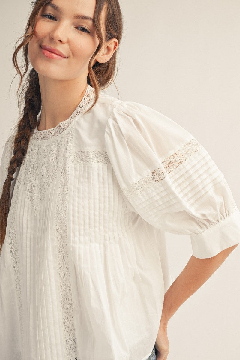 2401 Lace Bubble Sleeve White Shirt