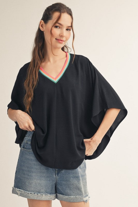 2153 Multi Color Trim V-Neck Top