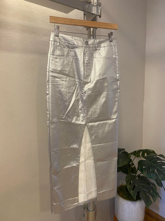 1027 Silver Italian Onesize Metallic Pencil Skirt