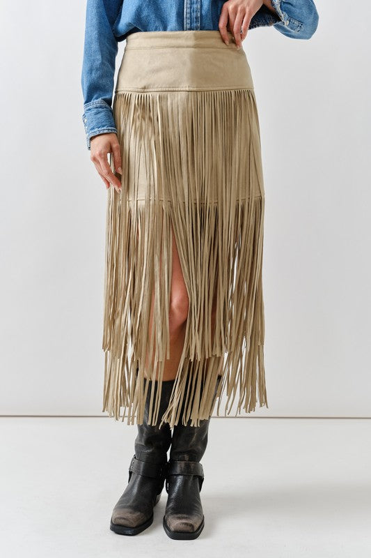 1849 Suede Fringe Midi Skirt