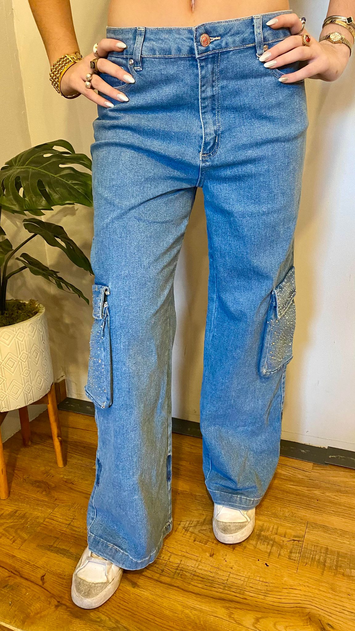 1033 Rhinestones Cargo Denim Pant