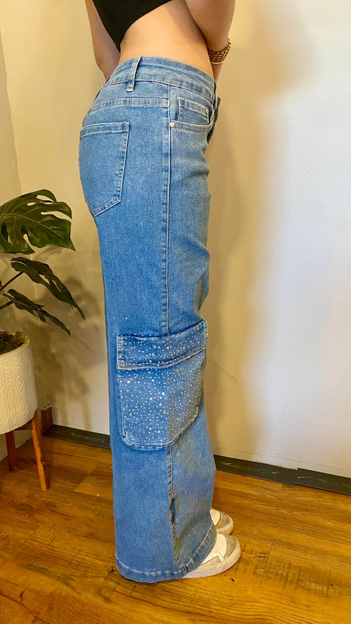1033 Rhinestones Cargo Denim Pant