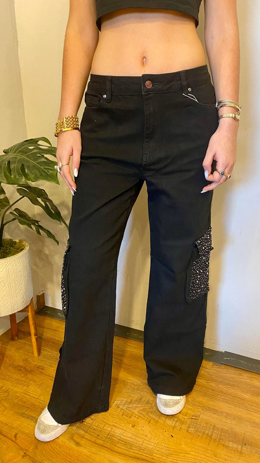 1033 Rhinestones Cargo Denim Pant