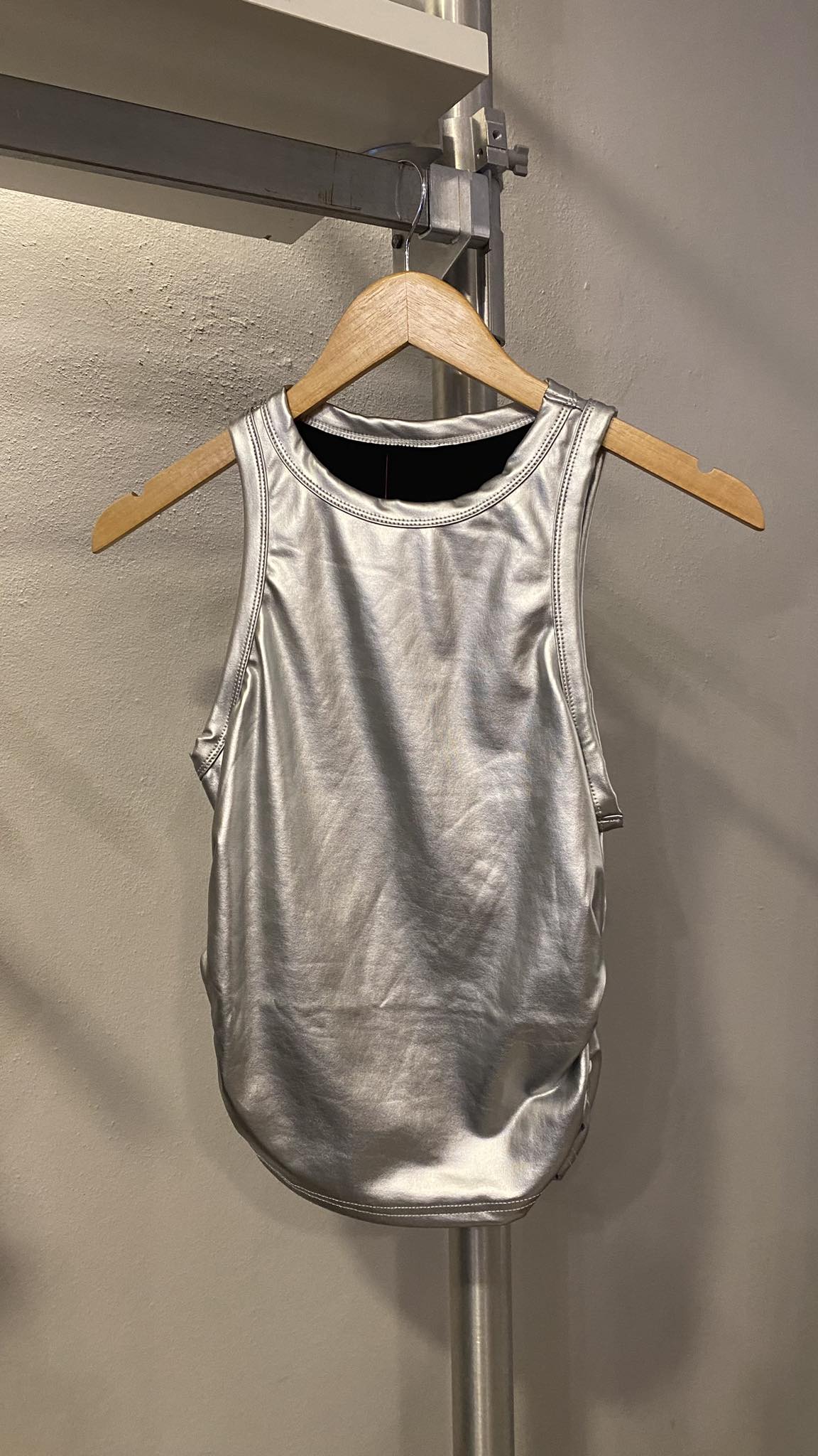 1066 Pleather Metallic Drapped Silver Tank Top