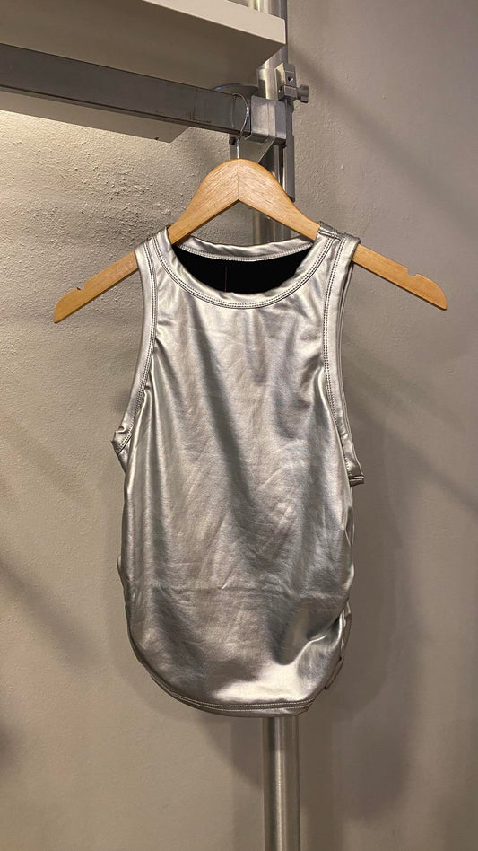 1066 Pleather Metallic Drapped Silver Tank Top