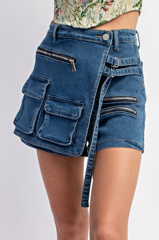 Zippers & Pockets Denim Skort