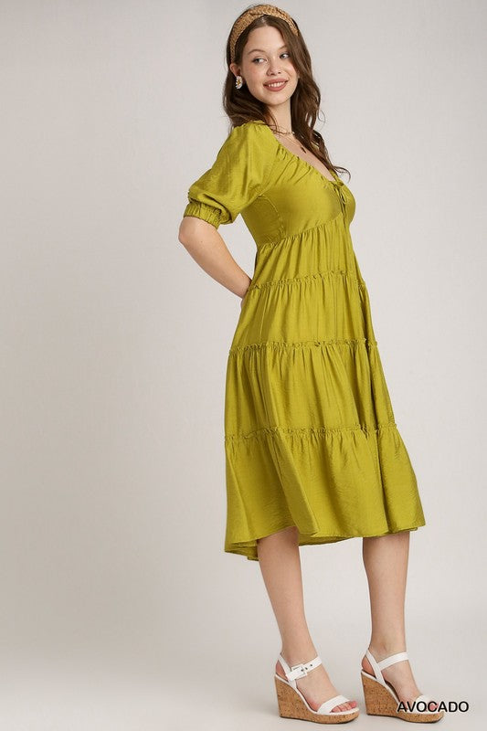 Tiered Puff Sleeve Midi Dress