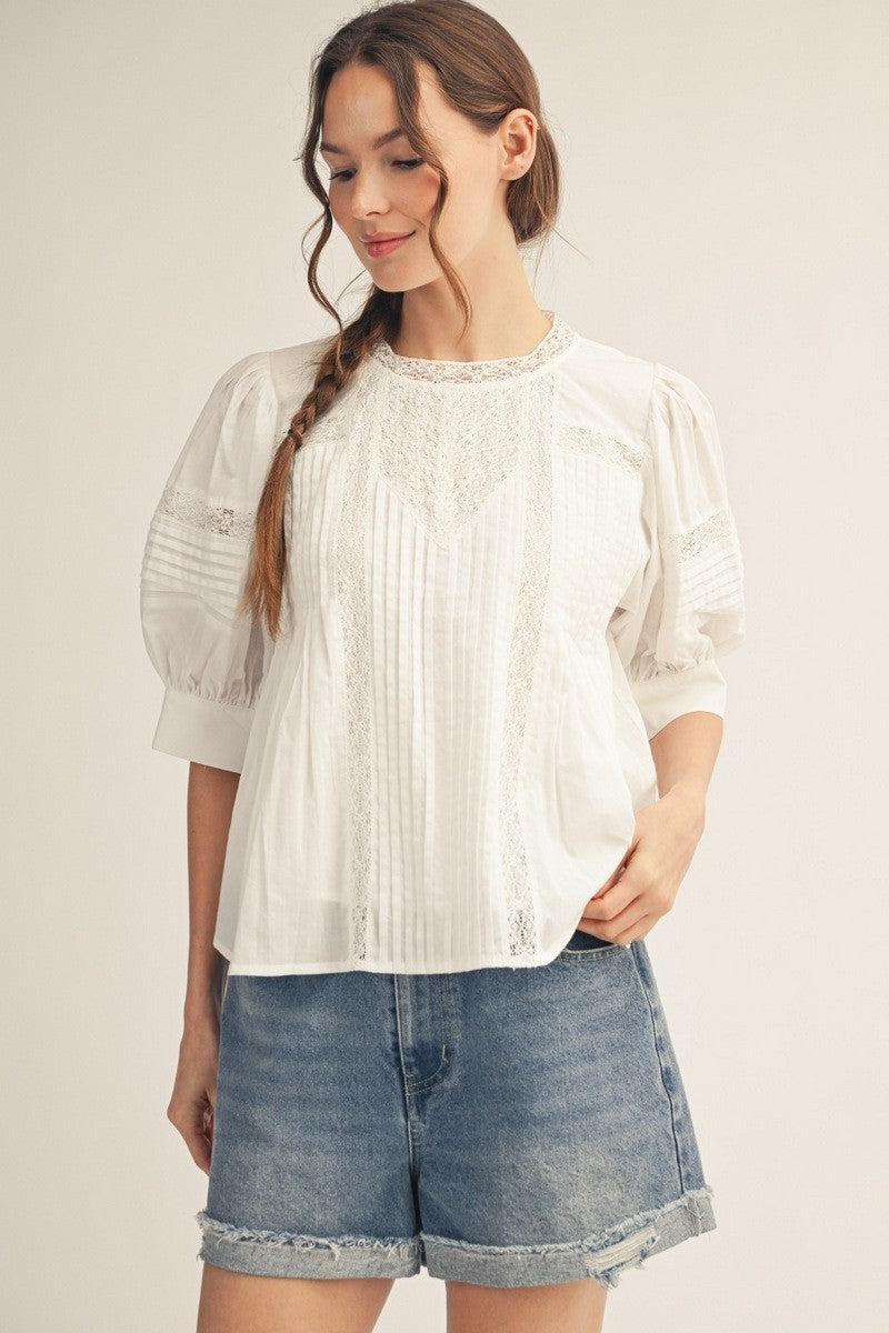 2401 Lace Bubble Sleeve White Shirt