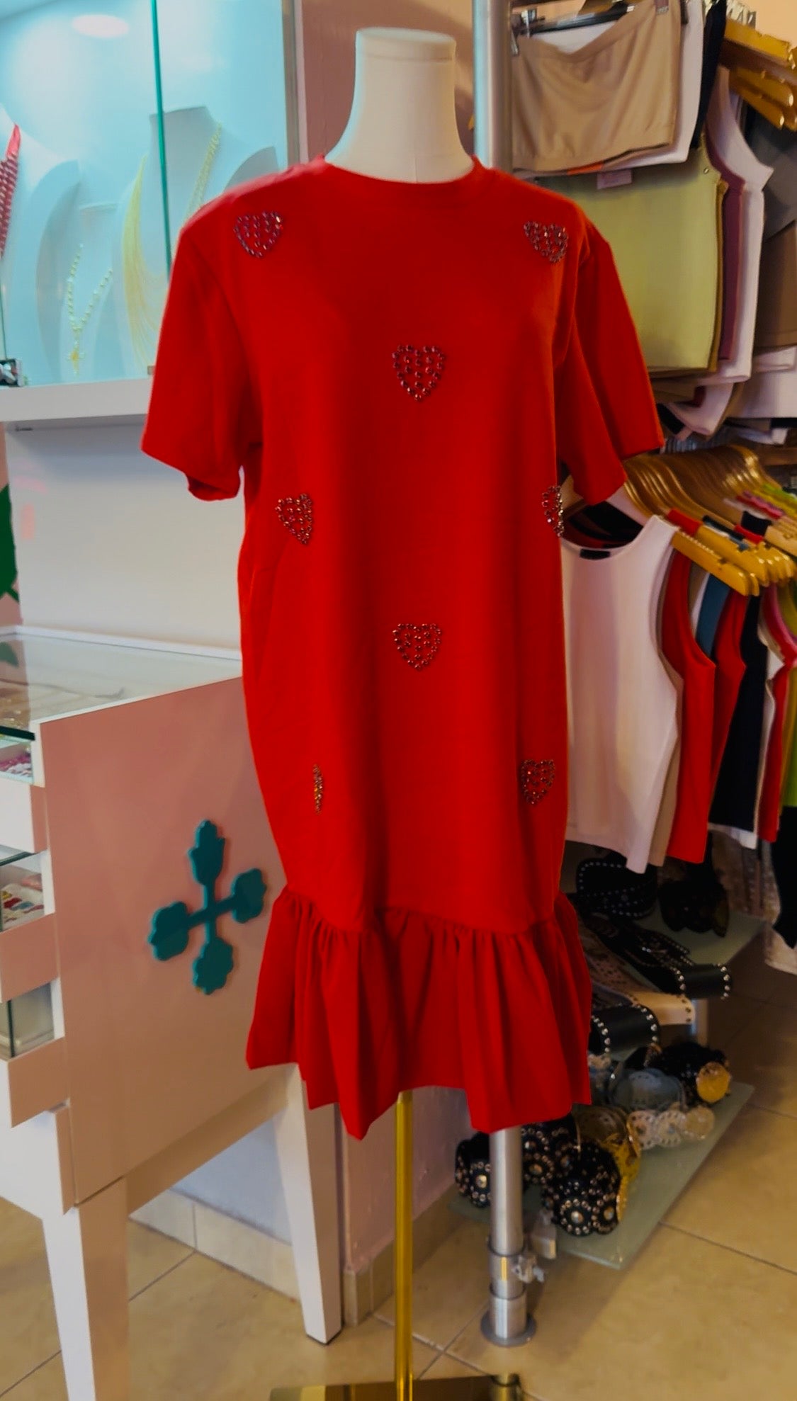 2067 OneSize Rhinestones Hearts Short Sleeve Dress