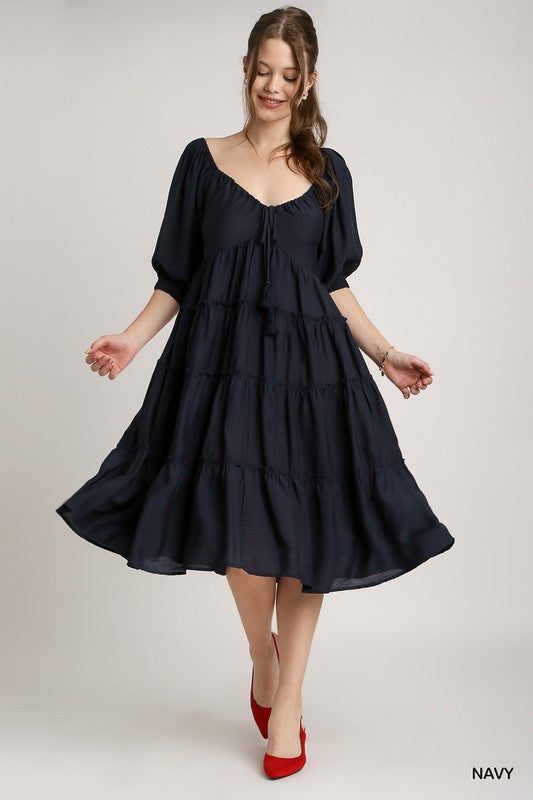 Tiered Puff Sleeve Midi Dress