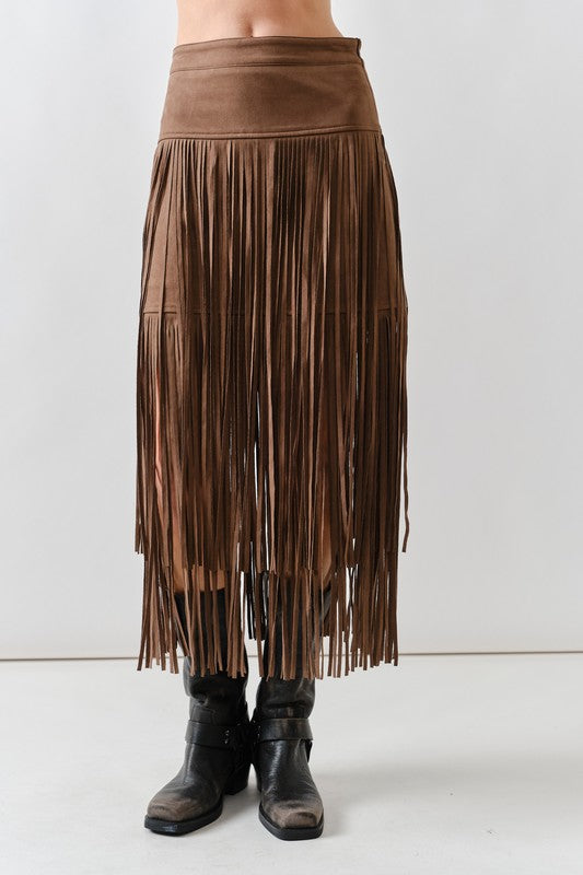 1849 Suede Fringe Midi Skirt