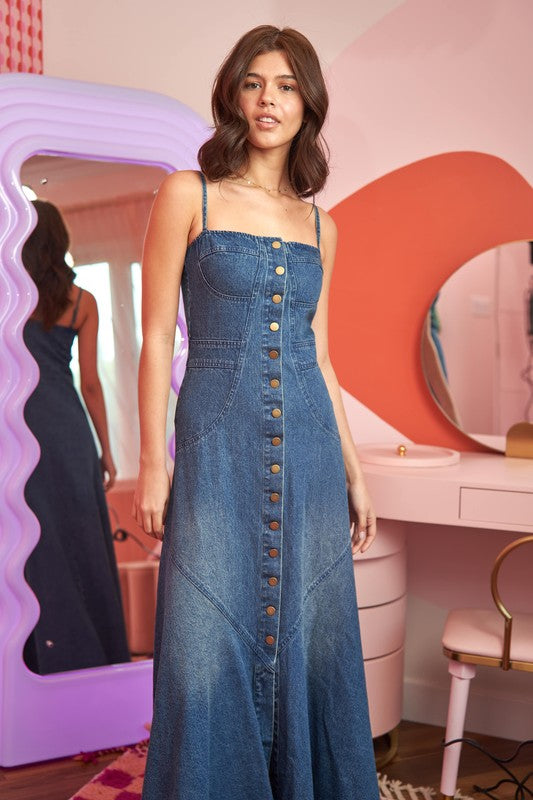 Strapless Button Down Denim Maxi Dress